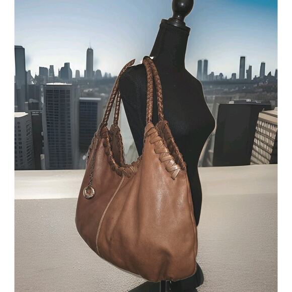 Donald J Pliner Marquis Brown Leather Hobo Handbag 21x15x5 - Picture 1 of 16